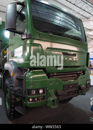 Man Lkw angezeigt, an der 7. Ausgabe der Internationalen Wehrtechnik Ausstellung, SITDEF, 2019, in der Zentrale der peruanischen Armee. Die Veranstaltung wird vom 16. bis 19. mit der Anwesenheit von Vertretern aus 28 Ländern. Stockfoto