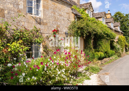 Sommer Blumen auf Cotswold Stone Cottages in der Ortschaft Holz Stanway, Gloucestershire, Großbritannien