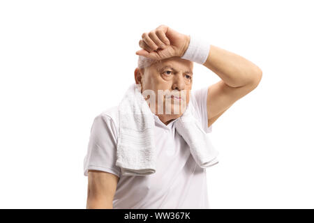 Erschöpft Senior, die in einem Arm auf seiner Stirn auf weißem Hintergrund Stockfoto