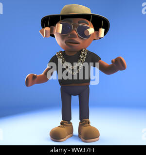 Cool Black hiphop Rapper tragen Australischer Buschhut, 3d-Grafik rendern Stockfoto