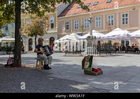 Belgrad, Serbien, 10. September 2019: Blick auf den Magistratplatz in Zemun mit einem älteren Mann, der auf dem Stuhl sitzt und Mundharmonika spielt und Busking macht Stockfoto