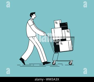 Shopper, der einen Einkaufswagen schiebt. Vektordarstellung im linearen Stil Stock Vektor