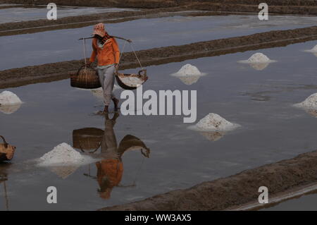 Reflexion eines Salzes Arbeiter tragen Rattankörbe beladen w/geerntete Salz in die Salzfelder, Kampot Province, Kambodscha. Credit: Kraig Lieb Stockfoto