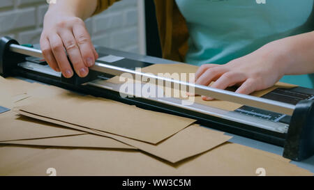 Frau mit Messer, Guillotine, Designer arbeiten Stockfoto