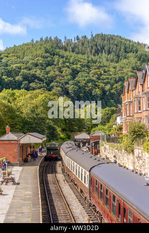 Llangollen Railway Station unter einem Baum bedeckten Hügel. Waggons sind neben einer Plattform mit einem Zug Motor auf einem angrenzenden Track. Stockfoto