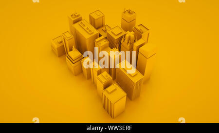 Gelb 3d-isometrische Stadt mit Wolkenkratzern. 3D-Darstellung. Stockfoto