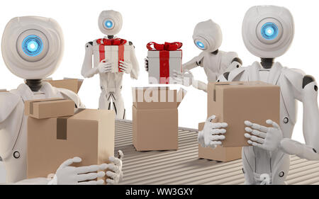 Autonome Roboter packs präsentiert in Kartons 3D-Darstellung Stockfoto