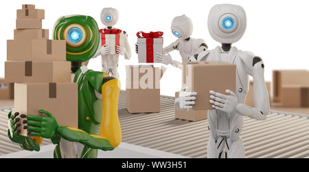 Weihnachtsgeschenke Logistik pack Geschenke bereit, mit autonomen Robotern 3d zu versenden - Abbildung Stockfoto