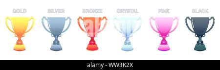 Arten von Tassen und Preise gold, silber, bronze, Crystal, rosa, schwarz Tasse auf isolierte Hintergrund. Stock Vektor