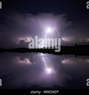 Ein Blitz leuchtet der Himmel und wird in einem See an der Everglades National Park in Florida nieder. Stockfoto