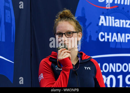 LONDON, VEREINIGTES KÖNIGREICH. 12 Sep, 2019. Während des Tages vier von 2019 Welt Para Schwimmen Allianz Meisterschaften bei London Aquatics Center am Donnerstag, den 12. September 2019. LONDON ENGLAND. Credit: Taka G Wu/Alamy leben Nachrichten Stockfoto