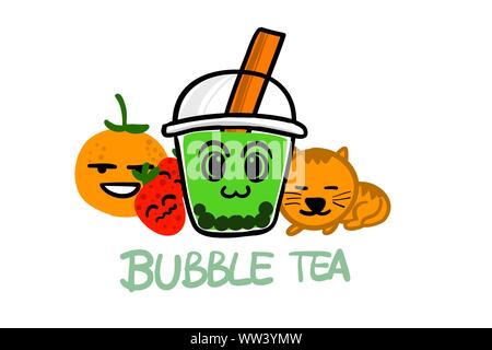 Bubble Tea Zeichnung mit Früchten und Katze, kawaii Cartoon Stil geeignet für Logo oder Maskottchen von Werbung Branding. bearbeitbaren freehand Vektor Lllustrat Stock Vektor