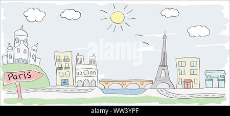Kind farbige Zeichnung der Stadt Paris in Frankreich mit Eiffelturm Stock Vektor