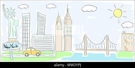 Kind farbige Zeichnung von New York City in Amerika mit Freiheitsstatue Stock Vektor