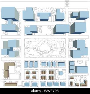 Stadtplanung Diagramm Birds Eye architektonischen Luftaufnahme der Stadt mit Gebäuden und Häusern - Detaillierte Übersicht über die Stadt von oben gruppiert und Layered Stock Vektor