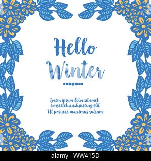 Weißer Hintergrund für Text hallo Winter mit Muster der blaue Blätter und Blüten. Vektor Stock Vektor