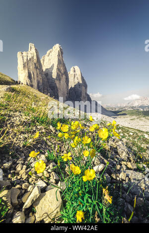 Herrlicher Panoramablick von Drei Zinnen in den Dolomiten Bergkette Stockfoto