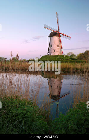 Die Mühle in Damme in der Nähe von Brügge, Belgien. Europa. Klassische Mühle entlang eines Kanals im Wasser widerspiegelt. Stockfoto