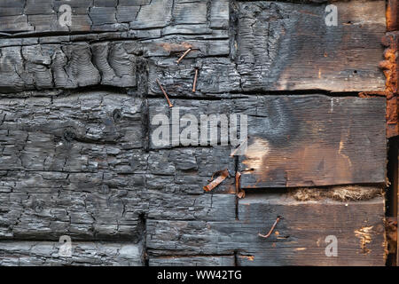 Hintergrund einer Wand aus horizontalen Hälfte - gebrannte Schwarze Bretter in Form von Kohlen mit Nägeln und selbstschneidende Schrauben. Feuer und Löschwasser. Stockfoto