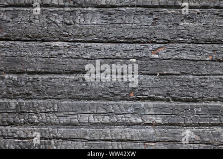 Hintergrund Wand der horizontalen Verkohlte schwarze Bretter in Form von Kohlen. Feuer und Löschwasser. Stockfoto