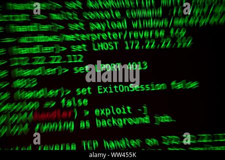 Hannover, Deutschland. 12 Sep, 2019. Buchstaben und Zahlen auf einem Bildschirm läuft ein Hacker. Die Informationssicherheit Kampagne des Innenministeriums Niedersachsen beginnt unter dem Motto "Hacker kommen! Credit: Sina Schuldt/dpa/Alamy leben Nachrichten Stockfoto