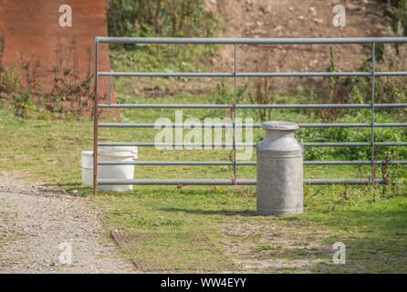 Das Tor zum Hof aus Metall und die altmodische Milch aus Metall lassen sich im Morgensonnenlicht abwühlen. Metaphern von Land zu Land und von Feld zu Platte. Stockfoto