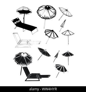 Urlaub und Reisen Konzept. Sonnenschirm, Strandkorb. Stock Vektor