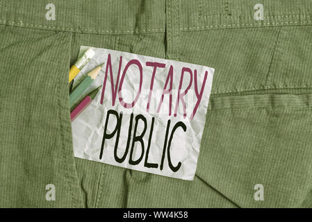 Konzeptionelle Hand schreiben, Notar. Begriff Sinne Rechtmäßigkeit der Autorisierung in der Dokumentation Zertifizierung Vertrag Schreiben Ausrüstung und purpl Stockfoto