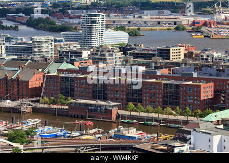 Blick vom Michel auf die HafenCity in Hamburg. Stockfoto