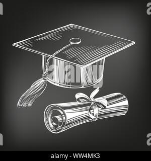 Absolvent Gap und Diplom, Ausbildung vintage setIce Creme set Hand gezeichnet Vektor-illustration Skizze, in Kreide auf einer Tafel gezeichnet. Stock Vektor