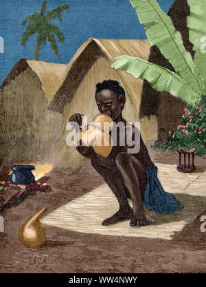 Zentralafrika. Indigene Rauchen von Cannabis. Gravur. Afrika inexplorada, el Continente Misterioso von Henry Morton Stanley, C. 1887. Später Färbung. Stockfoto