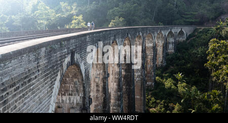 Zug, der an der berühmten Brücke mit neun Bögen in Ella, Sri Lanka ankommt Stockfoto