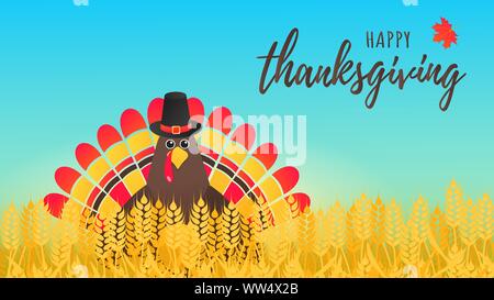 Happy Thanksgiving Day Flat Style Design poster Vector Illustration mit der Türkei im Feld, Text und Blätter im Herbst. Türkei mit Hut und farbigen Feat Stock Vektor