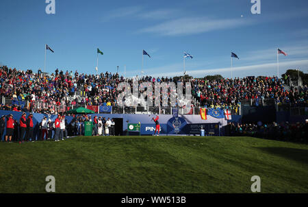 Das Team USA Jessica Korda-stücke weg die 1. während der viererspiele Match an Tag eins der Solheim Cup 2019 in Gleneagles Golf Club, Auchterarder. Stockfoto