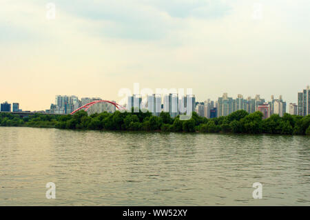 Hängen Sie den Fluss in Seoul am Abend mit Möwen Stockfoto