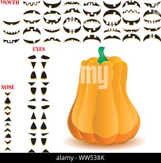 Halloween Kürbis mit großen Satz von Münder, Augen und Nasen für Jack O'Lantern Gesicht, Teil 12, Vector Illustration Stock Vektor