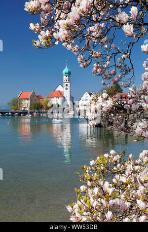 Halbinsel Wasserburg mit Kirche St. Georg und Wasserburg schloss, Bodensee, Schwaben, Bayern, Deutschland Stockfoto