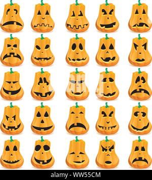 Große 15 Halloween Kürbisse mit unterschiedlichen mouthes, Augen und Nasen für Jack O'Lantern Gesicht, Vektor, Abbildung Stock Vektor