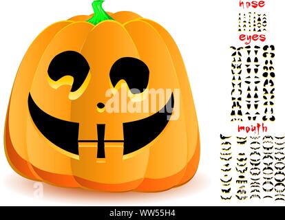 Halloween Kürbis mit großen Satz von Münder, Augen und Nasen für Jack O'Lantern Gesicht, Teil 19, Vector Illustration Stock Vektor