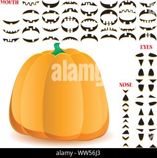 Halloween Kürbis mit großen Satz von Münder, Augen und Nasen für Jack O'Lantern Gesicht, Teil 11, Vector Illustration Stock Vektor