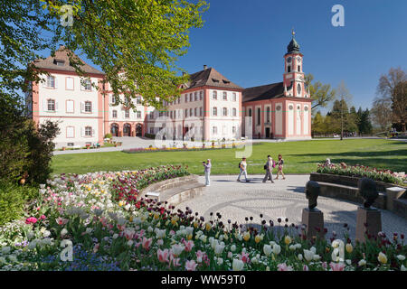 Tulpe Blüte mit Schloss und Schlosskirche, Insel Mainau, Bodensee, Baden-Württemberg, Deutschland Stockfoto