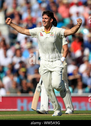 Australiens Mitchell Marsh (Zweiter von rechts) feiert die wicket von England's Jack Leach in Tag zwei des fünften Testspiel am Oval, London. Stockfoto