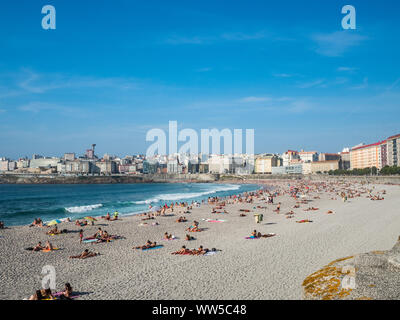 A Coruña, Spanien - 23 August 2019 Panoramablick auf die A Coruna Strand, Orzan Strand Stockfoto