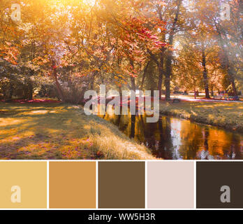 Farblich passende Palette von Herbst Landschaft. Wunderschöner Park mit Wanderweg neben Wasser spiegelnde Bäume mit wunderschöne goldene Farbe verlassen Stockfoto