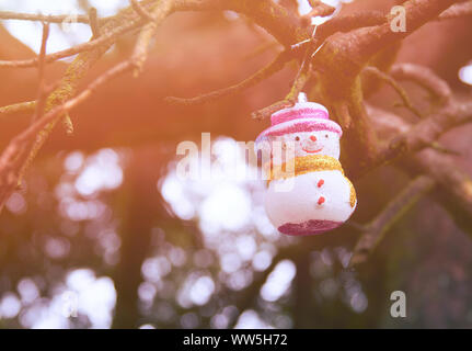 EDMONDBYERS GEMEINSAME, England, Großbritannien - Januar 07, 2017: Ein Schneemann Dekoration haning auf einem Baum in der Mitte des Edmondbyers Gemeinsamen. Stockfoto