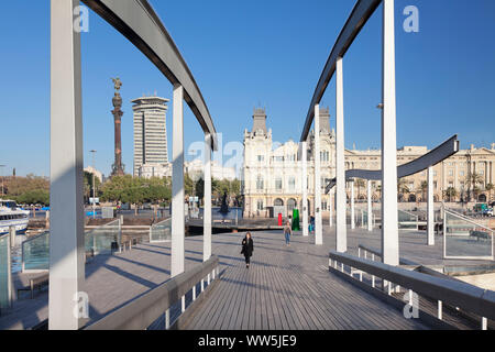 Port Vell mit Rambla del Mar, hohes Edificio Doppelpunkt und Kolumbus Denkmal, Monument a Colom, Barcelona, Katalonien, Spanien Stockfoto