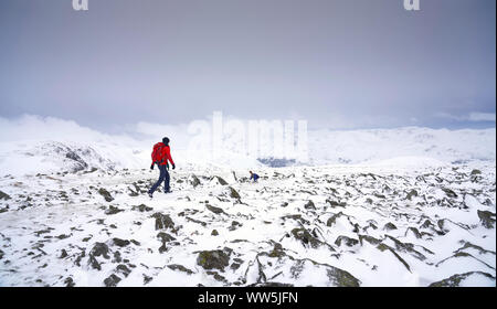 Ein Wanderer zu Fuß über den Gipfel des Hohen Heben in Richtung Rampsgill Kopf in der Nähe von hartsop im Lake District. Stockfoto