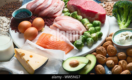 Beste proteinreiche Nahrungsmittel. Gesunde Ernährung Konzept. Gesundheit und Body Building essen. Stockfoto