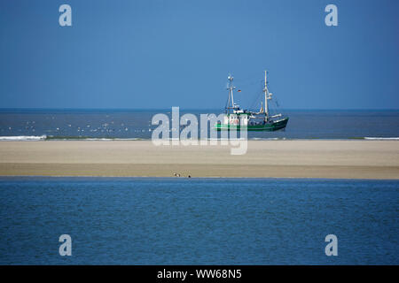 Krabbenkutter in der Nähe der Sandbank im Westen der Insel Spiekeroog. Stockfoto