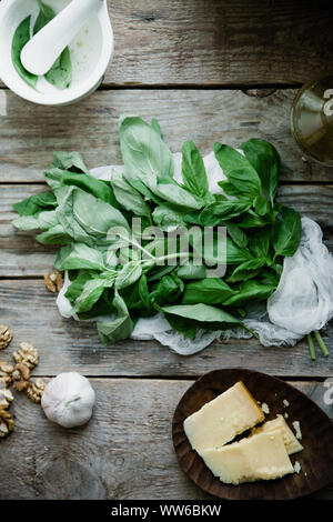 Basilikum Pesto Zutaten auf Holz- Hintergrund. Ansicht von oben Zusammensetzung, Rezeptur flatlay Stockfoto